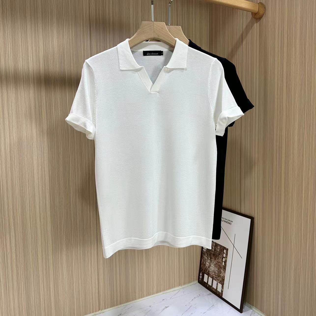 2023夏季翻领针织短袖无扣polo衫男士薄款冰丝保罗衫休闲修身T恤
