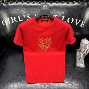 本命年红色针织衫短袖毛衣男2024新款情侣秋冬龙年高级感刺绣半袖