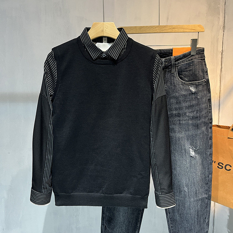 秋冬季套头条纹假两件毛衣男衬衫领针织衫长袖修身初秋打底衫潮流,男装,衬衫,淘宝优惠券,粉丝福利购,淘宝优惠卷