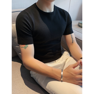 秋冬圆领毛衣男修身韩版潮流百搭针织t恤半袖休闲针织短袖打底衫
