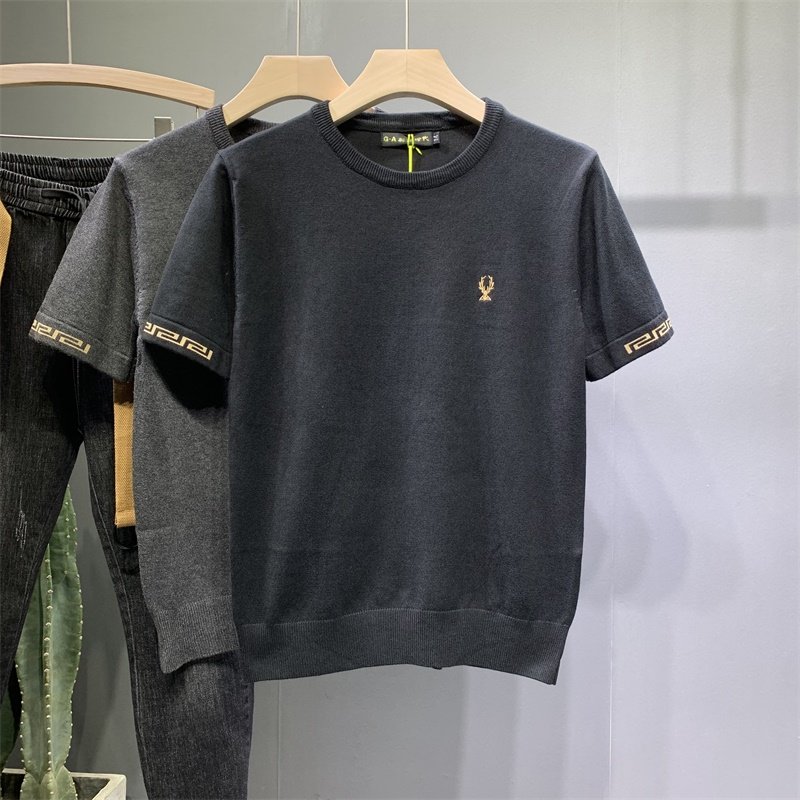 男士短袖毛衣韩版绣花秋冬季半截袖秋季大码青年时尚男半袖针织衫