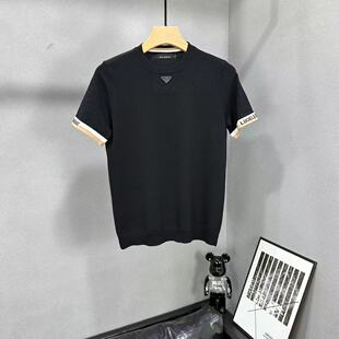 欧洲站2023夏季新款修身弹力帅气简约百搭薄款冰丝短袖t恤男潮牌