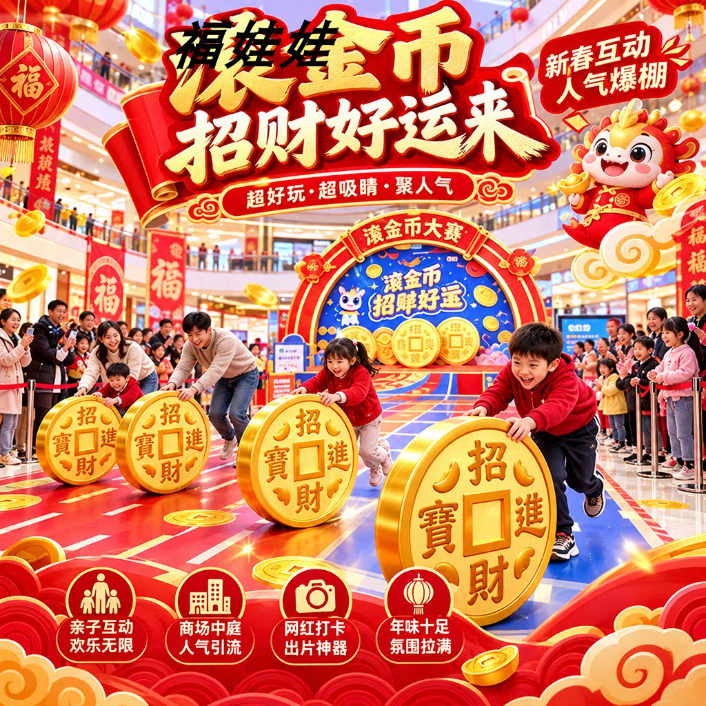 新年元旦商场景区网红打卡活动滚动招财进宝钱币互动美陈拍照装置