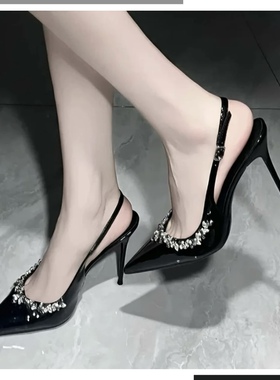 2024新款爆款高级感尖头水钻高跟鞋女细跟性感漆皮单鞋一字带凉鞋