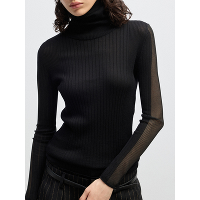 NUMBER HERE 醋酸天丝混纺透视拼接设计高品质轻奢高领紧身打底衫