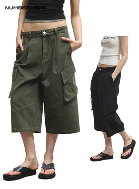 NUMBERHERE 重酵褪色水洗做旧褪色工装棉感中裤休闲七分裤