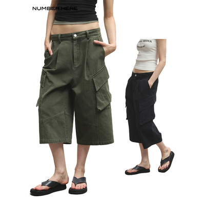 NUMBERHERE 重酵褪色水洗做旧褪色工装棉感中裤休闲七分裤