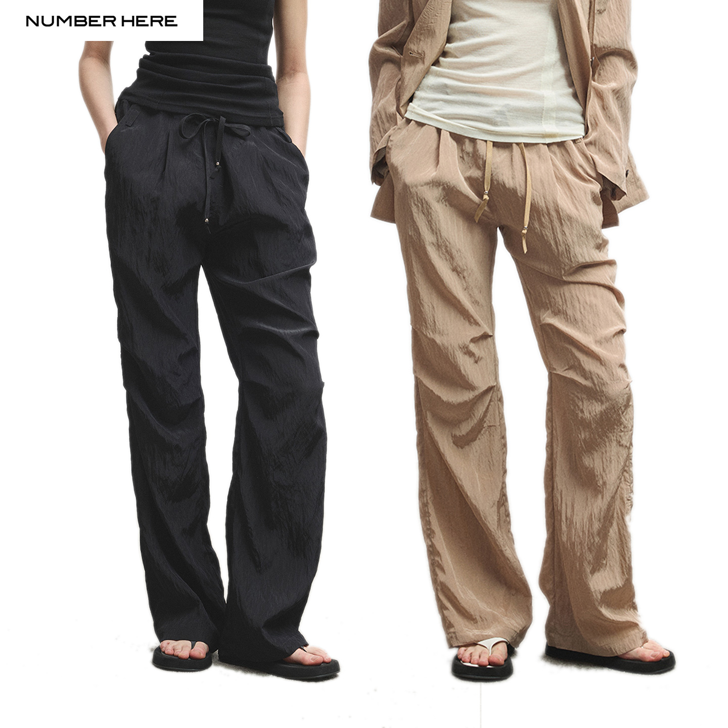 NUMBER HERE 超轻光泽感直筒微喇高级质感轻薄自然褶皱感休闲长裤