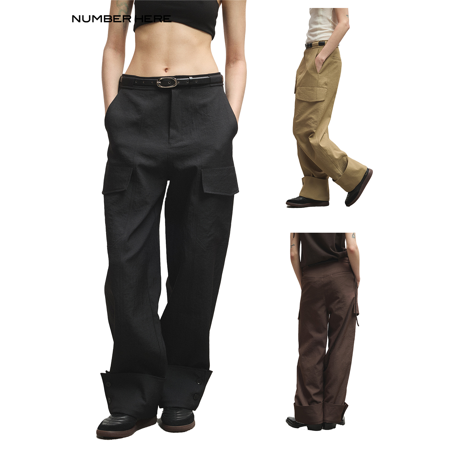 NUMBER HERE 进口面料挺阔中空纱时尚都市感翻折脚口休闲长裤