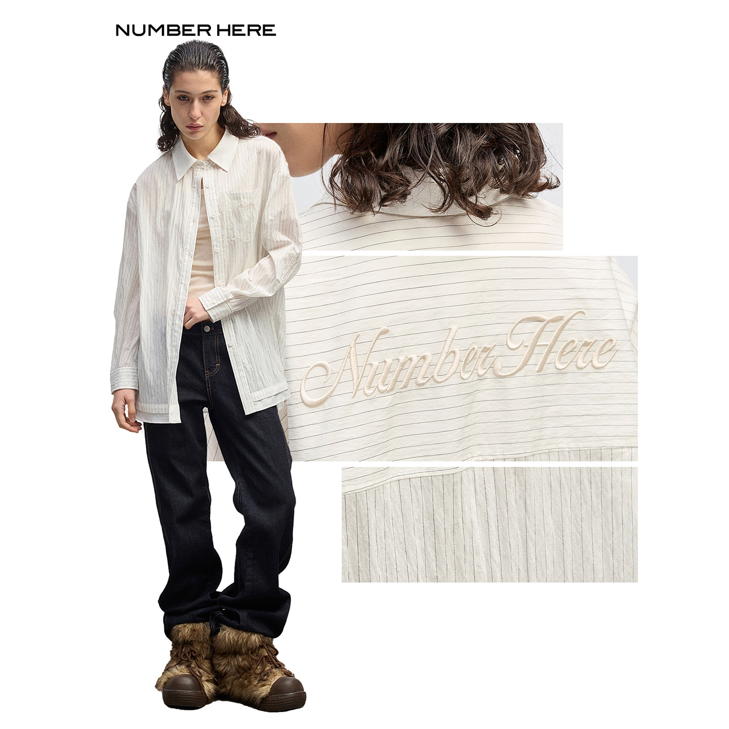 NUMBER HERE 独特泡泡纱肌理感条纹面料男友式长袖休闲衬衫