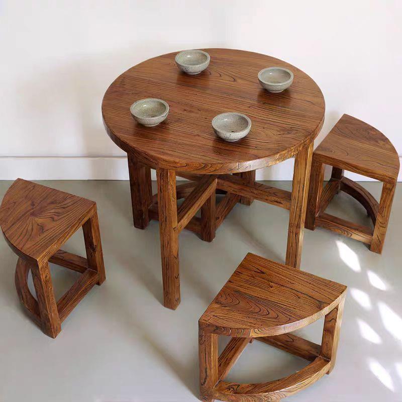 新中式家具复古怀旧老榆木小圆桌家用餐桌椅组合款圆形茶桌椅