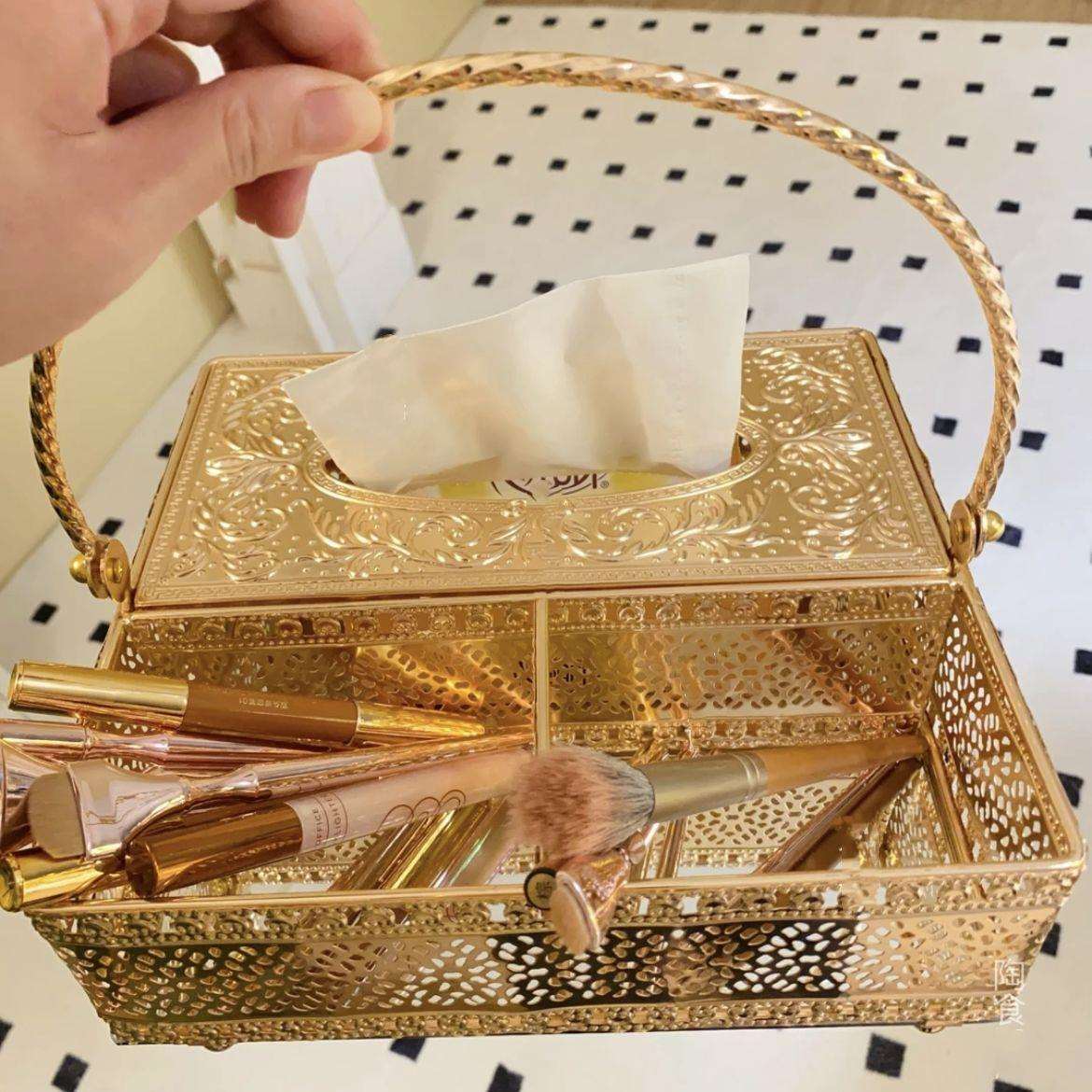 外贸轻奢欧式分隔纸巾盒笔筒二合一金属手提收纳盒中东纸巾盒