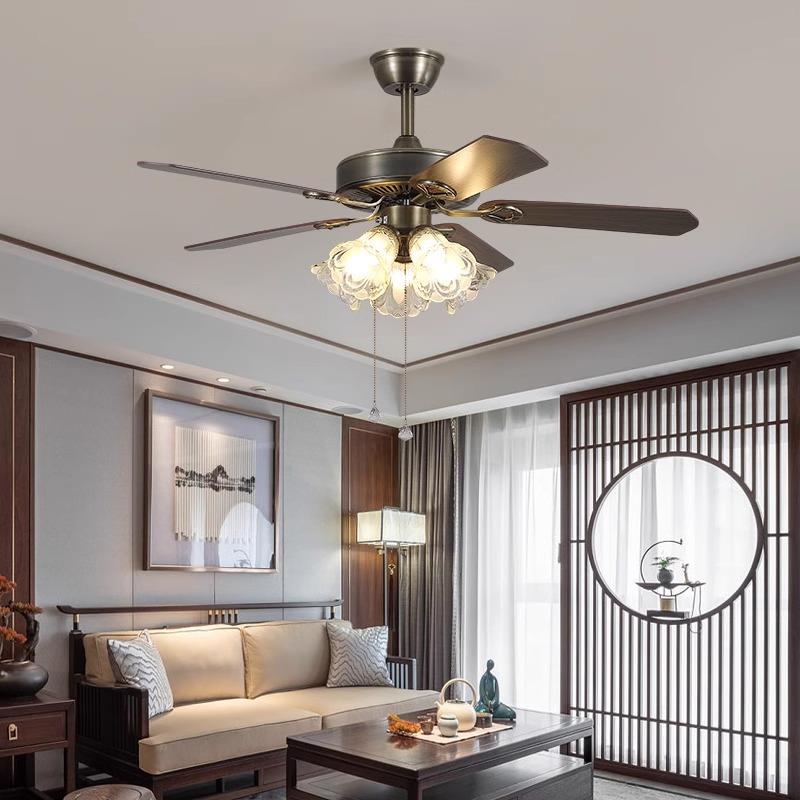 新中式风扇吊灯美式复古木叶餐厅电扇灯卧室电风扇灯工业吊灯