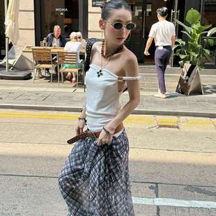 MMFISH时髦街头金属背心斜肩一字肩两穿扭结圈圈棉松弛吊带25T202