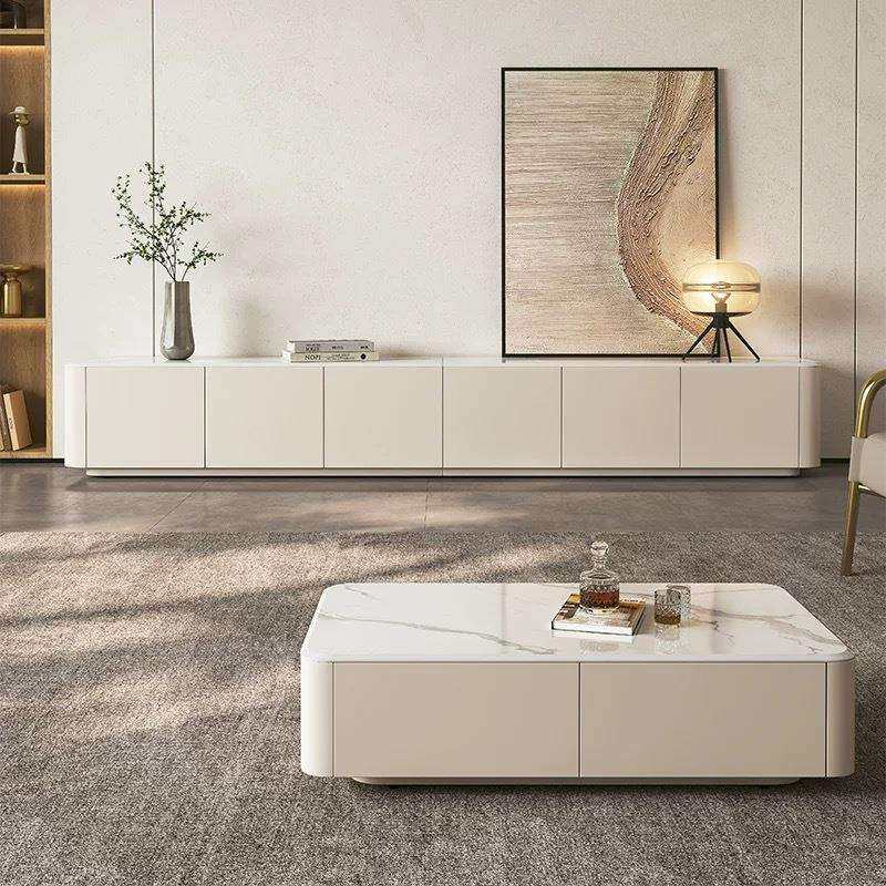 现代轻奢天然微晶石电视柜茶几组合小户型奶油客厅落地柜白色家用