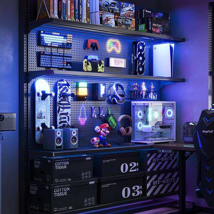 立式洞洞板置物架落地电竞房间装饰金属收纳架免打孔电脑桌面改造