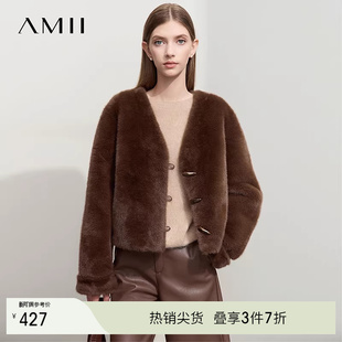 V领仿水貂毛宽松温暖毛绒外套 冬款 Amii 轻奢风环保皮草