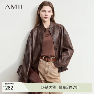 Amii 2026春秋欧美复古帅气夹克廓形PU皮衣外套女 欧美复古