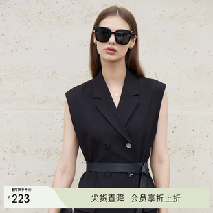 Amii2026春新款 通勤风干练中长直筒百搭翻领垫肩双排扣马夹女