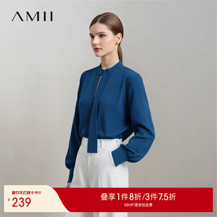 Amii2026春新款百搭通勤水滴镂空立领多造型领带衬衫女宽松上衣