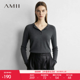 Amii2026秋新款百搭通勤风圆领半开襟坑条针法毛衣女显瘦长袖上衣