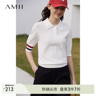 女短袖 双曲纱弹力撞色条纹毛针织衫 上衣 POLO领套头衫 Amii2025新款