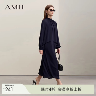 Amii2026春新款 半高领层次感假两件顺纡绉雪纺连衣裙女小黑裙子