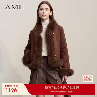 Amii【羽绒内胆】25冬季轻奢狐狸毛领高级麂皮绒保暖羽绒服外套女