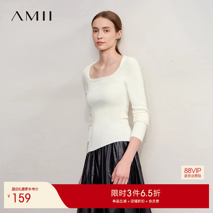 Amii2025冬新款摩登环保貂绒装饰复古大方领毛衣女修身显瘦上衣