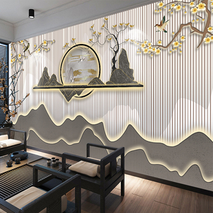 古风山水花鸟墙布酒店轻奢客厅壁画茶室电视背景壁纸 3D新中式