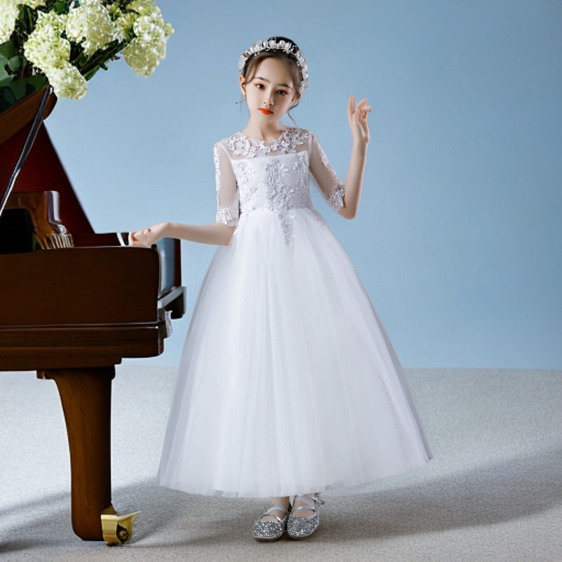 女童白纱公主裙高端花童礼服生日主持人儿童钢琴演出服冬季