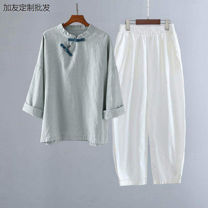 寺院居士服女款中式盘扣棉麻上衣亚麻衬衫佛系禅意素衣套装禅修服