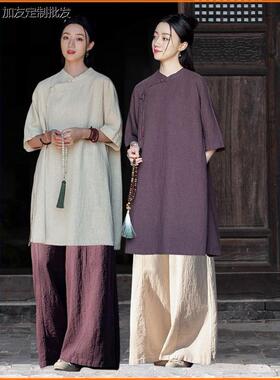 居士服女款夏季佛系禅意女装紫色禅服拜佛素衣棉麻上衣阔腿裤套装