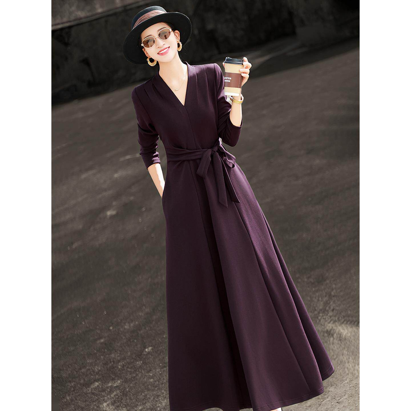 兰瑟儿2025秋冬新款气质通勤优雅裙子长袖V领收腰绑带纯色连衣裙,女装/女士精品,连衣裙,淘宝优惠券,粉丝福利购,淘宝优惠卷