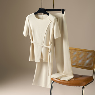 T恤阔腿裤 兰瑟时尚 显瘦设计感女通勤短袖 2026年夏新款 两件套 套装