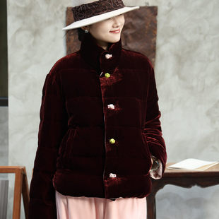 兰瑟儿2025冬季新款气质新中式国风真丝丝绒短款鸭绒羽绒服外套女