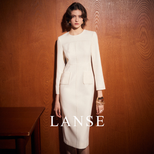 兰瑟白色通勤气质中长款连衣裙女装2024新款秋冬收腰显瘦长袖裙子