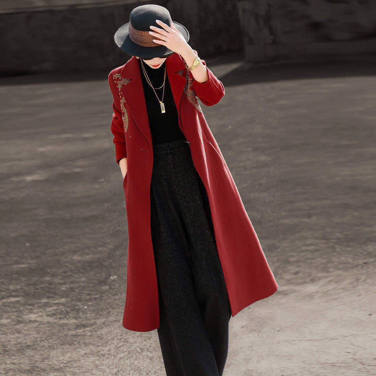 兰瑟儿冬季新款气质高级感重工钉珠宽松100%绵羊毛双面呢大衣外套,女装/女士精品,毛呢外套,淘宝优惠券,粉丝福利购,淘宝优惠卷