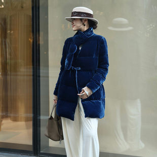 兰瑟儿冬季新款气质新中式国风真丝丝绒外套围脖保暖白鹅绒羽绒服