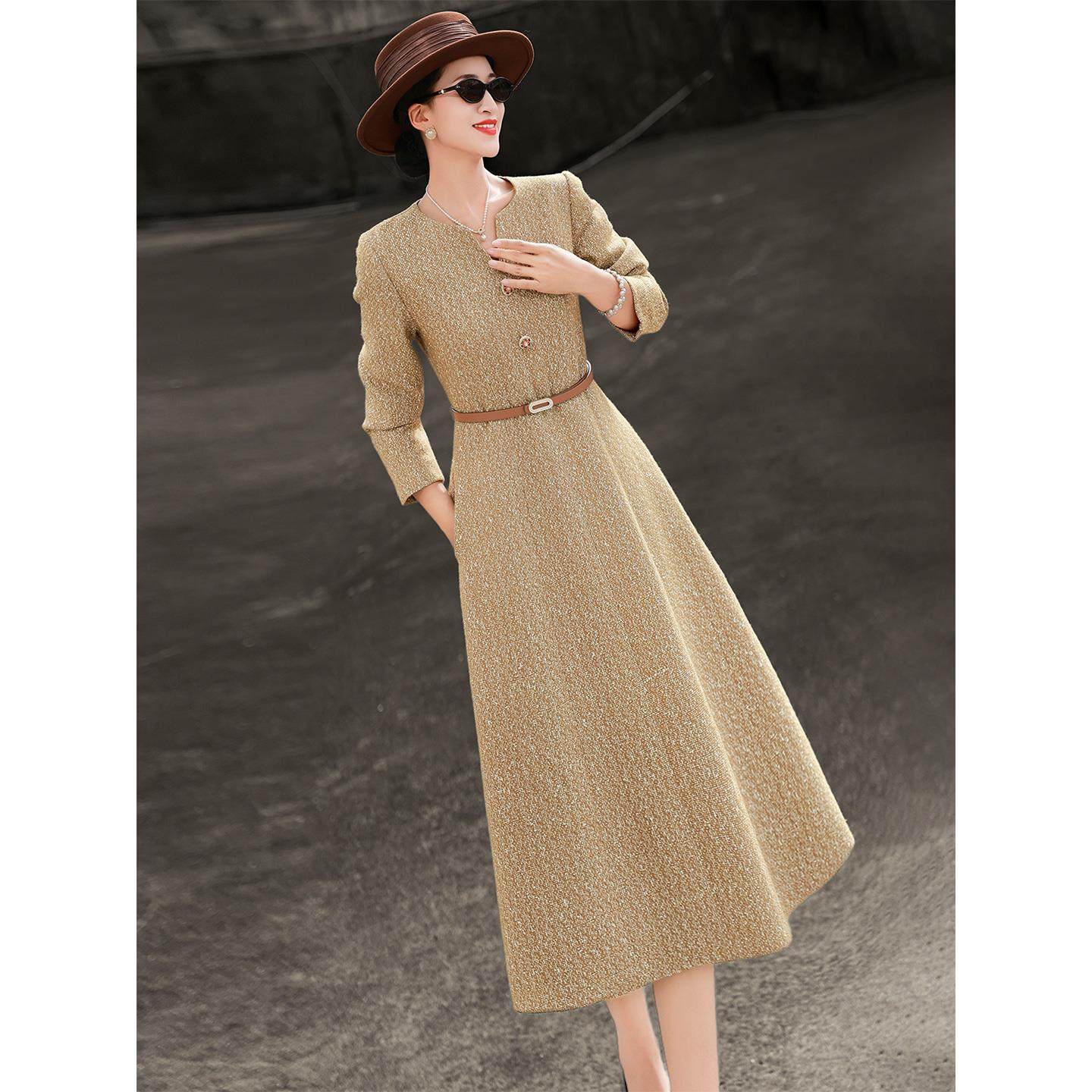 兰瑟儿2025秋季新款气质名媛小香风裙子长袖收腰系带粗花呢连衣裙,女装/女士精品,连衣裙,淘宝优惠券,粉丝福利购,淘宝优惠卷