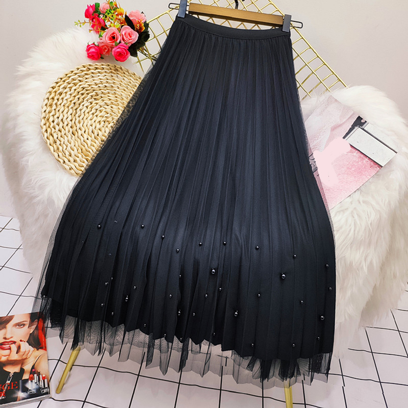极速Rimocy Both Sides Wear Pearls Mesh Skirt Women 2W022 Sum