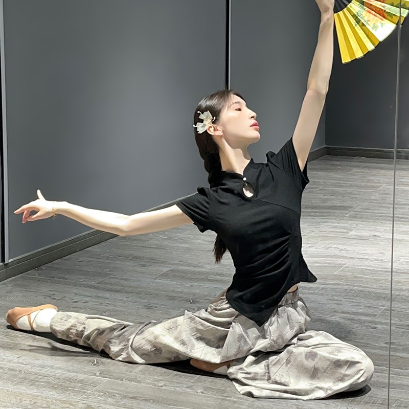 极速国风舞蹈服夏黑色练功服短袖中B国舞上衣古典舞服装2024新款