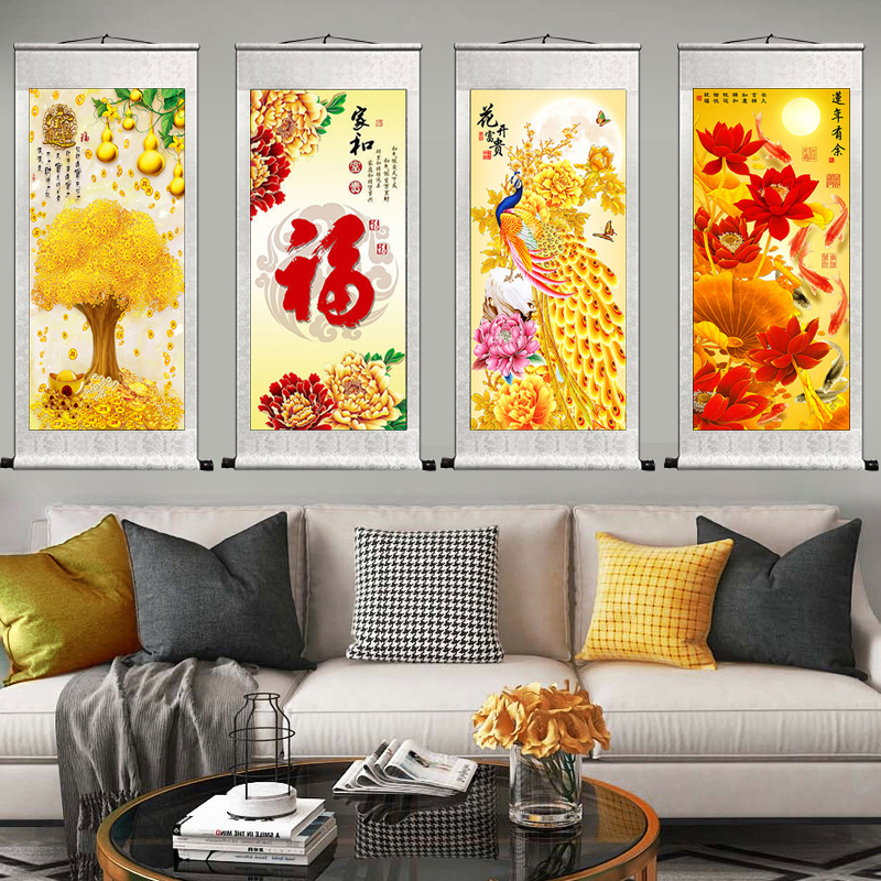极速国画富贵花开客厅装饰画风水画喜上眉L梢卷轴玄关卧室办公室