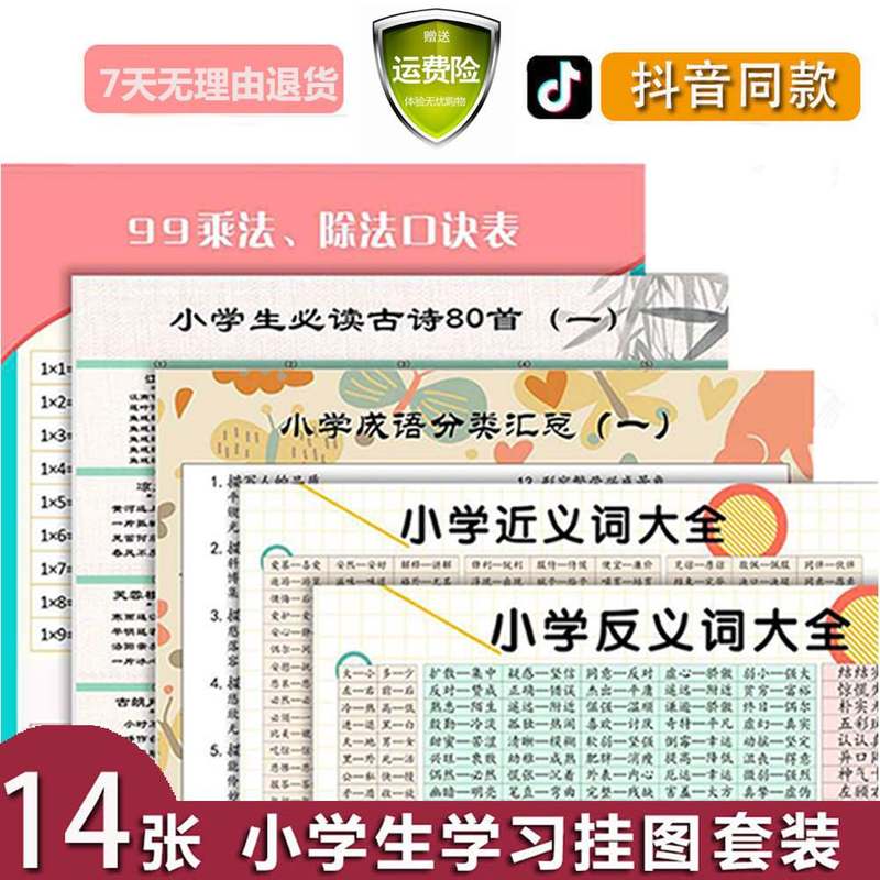 极速-小学生学习挂图套装语文数学知识I点全套儿童语数外墙贴公式