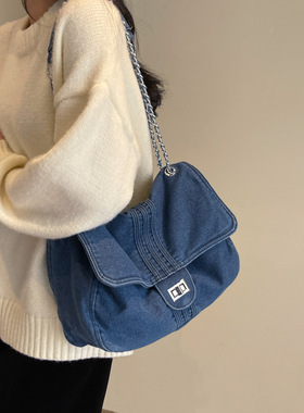 牛仔布包包女2024夏季新款时尚链条包大容量托特包单肩斜挎包蓝色