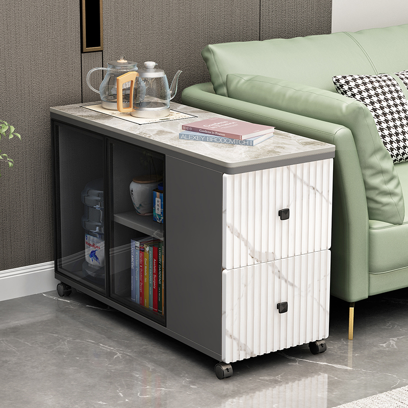 轻奢岩板内嵌烧水壶边几家用可移动茶台沙发边桌多功能储物缝隙柜
