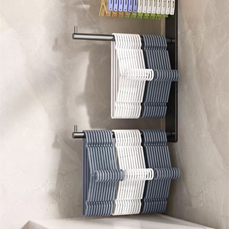 衣架收纳神器免打孔阳台晾衣架挂杆伸缩壁挂墙上挂衣收纳架置物架