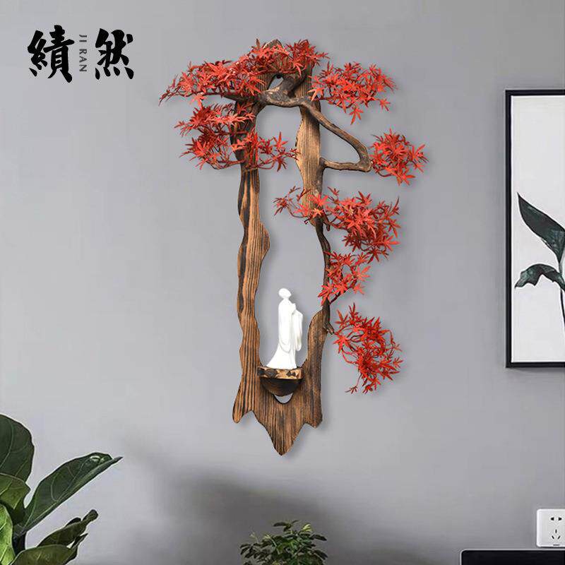 中式创意壁挂绿植摆件软装家居客厅书房玄关装饰品仿真迎客松摆设