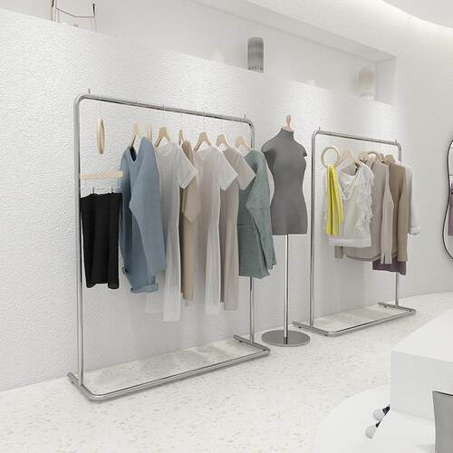 服装店展示架不锈钢拉丝银色男女童装店货架陈列架落地挂衣架