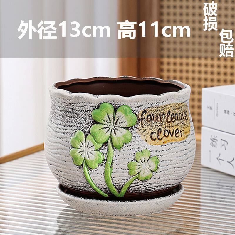 带托盘田园风陶瓷花盆家用绿萝发财树绿植专用手绘花朵图案装饰盆